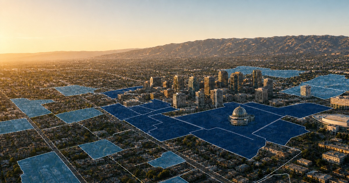 Illustrated aerial view of San Jose with areas highlighted in blue